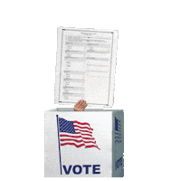 Digital art gif. Hand raises a ballot out of a white box decorated with an American flag that is labeled “Vote” against a transparent background. Above the box, a rainbow appears, reading the text, “Stoodis.”