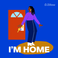 Sponsored gif. Animated woman dances in place by her front door while holding the keys to her new house. Text below her reads, “I’m home.”