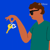 Sponsored gif. Animated man shimmies his shoulder while holding up the keys to his house.