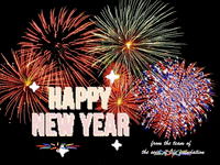 Digital art gif. Many fireworks in different shades of red, white, and blue shimmer on a black background. Text, “Happy New Year!”