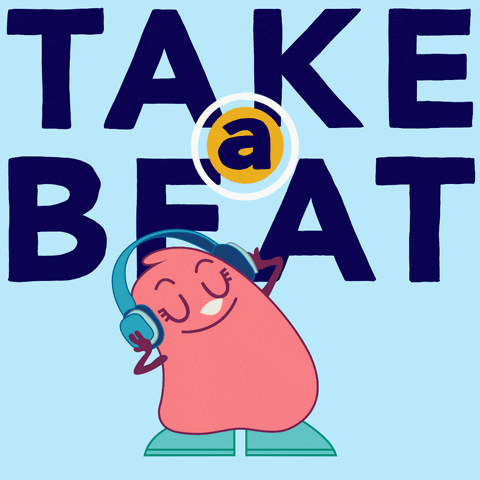 An animated pink blog like character with headphones on bobbing it's head with a phrase in the background spelling "Take a Beat."