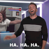 Celebrity gif. Actor Joel McHale reacts to a funny video. He slaps his side and laughs out loud. Text, “Ha. Ha. Ha.”