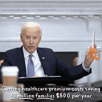 Political gif. Joe Biden with classic orange Fiskars scissors collaged into his hand, cuts the word "costs" each time it floats down into frame. Text, "Cutting healthcare premium costs saving 13 million families $800 a year."
