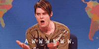 SNL gif. Bill Hader as Stefon fans himself with his hands. Text, a drawn-out "Aww."