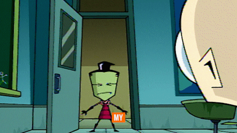 Cartoon gif. Invader Zim stands in a doorway with his arms in the air and screams in victory, “My business is done!”