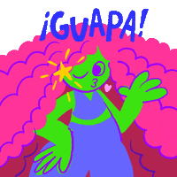 Illustrated gif. A green skinned cartoon girl with billowing curly pink hair winks at us with a starry spark and smooching lips that release a heart. Text, in Spanish, "¡Guapa!"