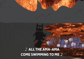 South Park gif. Demons from hell are dragging out a net of fish from the lava and they sing, "All the ama-ama come swimming to me."