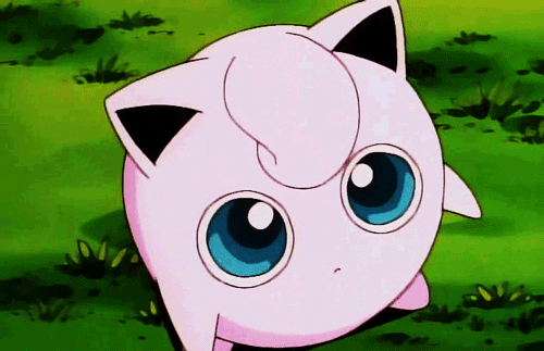 Pokémon gif. Jigglypuff inflates itself and squints its eyes in a cute but angry way. 