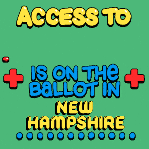 Text gif. Colorful bubble text flanked by pulsating red medical plus signs against a light green background reads, “Access to healthcare is on the ballot in New Hampshire.” The word “healthcare” moves across the screen in the same zigzag manner as an electrocardiogram machine. A line of blue dots marches across the bottom.