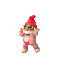 Video gif. Green gnome in sunglasses is grooving and raising their arms in the air, wearing a neon pink one piece thong.