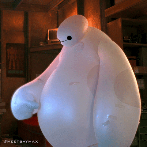 Cartoon gif. Baymax from Big Hero 6 pokes his own belly.