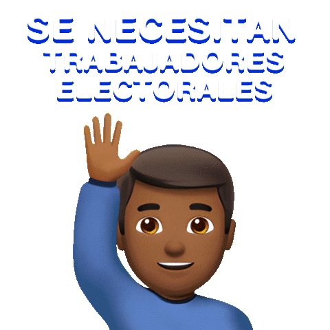 Digital art gif. Several diverse people scroll past, raising a hand against a transparent background. Text, “Se necesitan trabajadores electorales.”