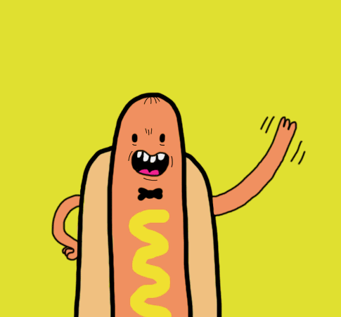Illustrated gif. A personified hot dog waves with one hand on its hip and a big, teeth-baring smile on its face.