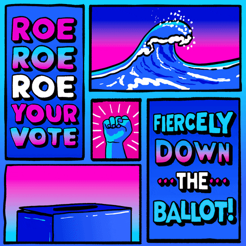 Illustrated gif. Blue purple and pink multi-frame image of a wave, a fist of solidarity, and a hand dropping a hand into a ballot box, with 3D block letters flashing like a marquee. Text, "Roe, Roe, Roe, your vote, fiercely down the ballot."