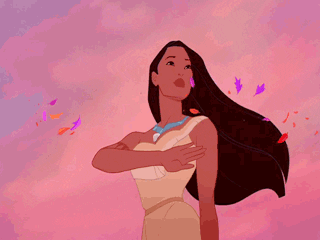 Disney gif. Pocahontas waves slowly, raising her arm in a full circle as she stands in front of a sunset. She smiles softly and nods her head with determination as leaves blow around her.