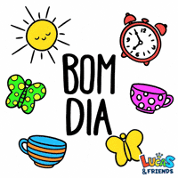 Text gif. A sun, alarm clock, two tea mugs, and two butterflies flash in alternating neon colors around text reading, "Bom dia."