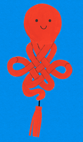 Illustrated gif. Red octopus with a smiley face on its head has its tentacles tied into a Chinese good luck fortune knot. There's a tassel on the bottom and it sways back and forth.