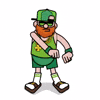 Cartoon gif. A red bearded man dressed like a hip-hop leprechaun in all green wears a four leaf clover chain necklace and wobbles his legs as he dances. 