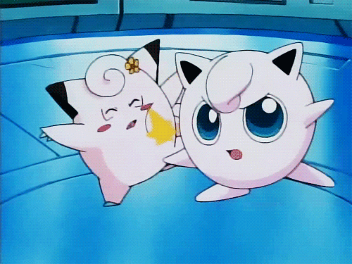 Anime gif. Jigglypuff looks at us while thwacking Clefairy behind him.