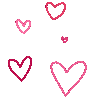 Sticker gif. Several outlines of hearts in different shades of pink bloom and shrink and grow continuously.