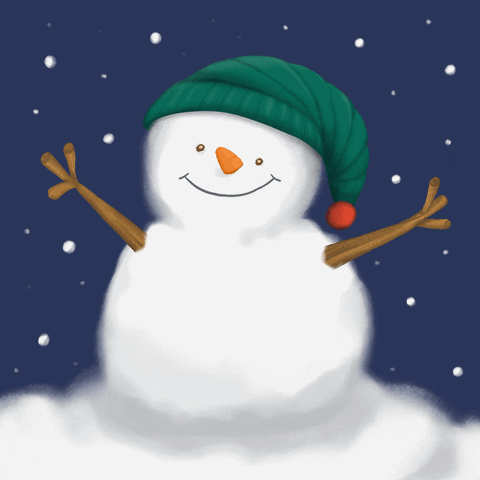 Digital art gif. A snowman with a green sleep hat is smiling and the snow is falling around it. The snow moves ever so slightly.