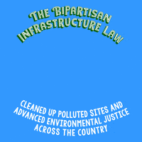 Digital art gif. Cartoons of three people appear in front of us: one cleaning up hazardous waste and two who are watering and planting little green plants, all against a bright blue background. Text, "The bipartisan infrastructure law cleaned up polluted sites and advanced environmental justice across the country."