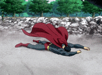 Cartoon gif. A defeated superman lies face down on the ground, his cape flowing behind him. 