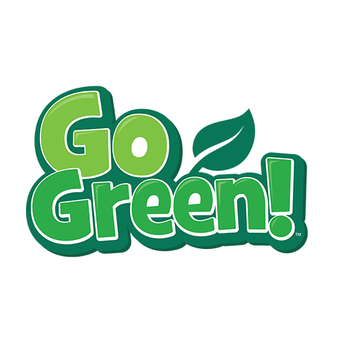 Sticker gif. Text, 'Go Green!' is written with three shades of green and a leaf appears next to it as it shakes back and forth.