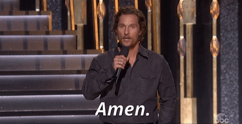 Celebrity gif. Matthew McConaughey is presenting an award at the CMAs and he puts one hand on his hip and looks around as he says, "Amen."