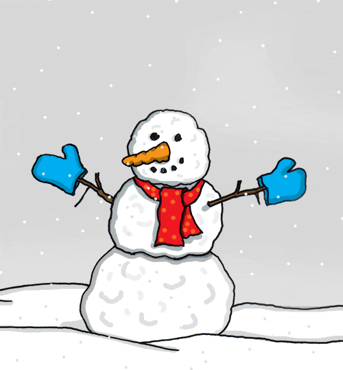 Digital art gif. Snowman with blue mittens grins at us while a pink heart appears over its head.