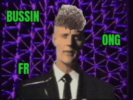 Video gif. A man in a tuxedo is edited to look like he's wearing a wig of curly hair against a geometric, neon purple background. Text reads in green, "Bussin, ONG, FR."