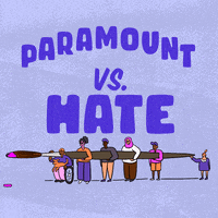 Digital art gif. Big block letters read "Paramount vs hate," hate crossed out in paint, below, a diverse group of people carrying an oversized paintbrush dripping with pink paint.