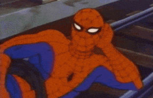 Cartoon gif. The Spider-Man character from the 1960s version of the cartoon lies seductively on a set of train tracks--seemingly unbothered by the fact that he is indeed tethered to the tracks with a coil of brown rope.