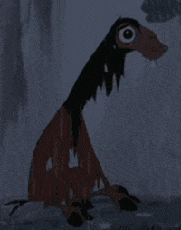 Movie gif. A sad camel in The Emperor’s New Groove sobs in the rain.