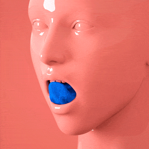 Digital art gif. Coral colored mannequin with blue velvet tongue moves their tongue slowly in a wave.