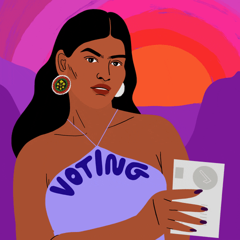 Digital art gif. Blinking Indigenous American woman resolutely holds a ballot against a colorful background. The dancing text on her purple halter top reads, “Voting for my future.”