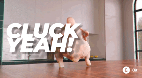 Illustrated gif. Realistic animated plucked and headless chicken dancing on top of a kitchen counter.