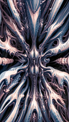 Digital art gif. A 3D rendering chromatic shapes spiraling outward and filling the frame with a intricate design that's constantly morphing, reminiscent of a kaleidoscope.