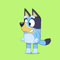 Disney gif. Bluey smiles and points at something off screen and smiles and points at something like he's making a choice.