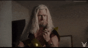 Video gif. An actor wearing a Thor costume smiles and gives a thumbs-up gesture.