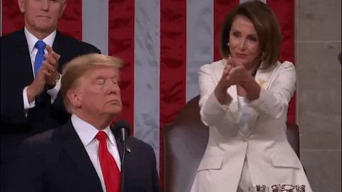 Political gif. Nancy Pelosi, hands outstretched deliberately, claps at Donald Trump.