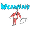 Digital art gif. A man with long arms and a little head waves his disheveled body as he carries a briefcase with papers sticking out of it. Blue bubble letters above him. Text, "Wednesday"