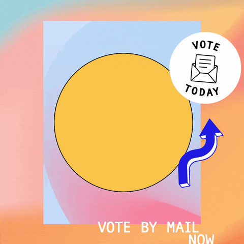Digital art gif. Teenage girl on a mini go kart fashioned like a USPS mail truck zooms by through carrying a pennant that reads, "Vote," collage of watercolor and tie-dye textures, bitmap lettering that reads "vote by mail now," a floating arrow that points to a round sticker that reads "Vote today."