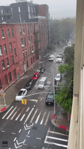 Moped Driver Pushes Vehicle Through Knee-High Floodwater in Brooklyn