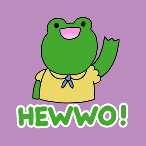 Digital art gif. A green frog wears a yellow blouse as it grins widely and energetically waves a hand hello. Text, "Hewwo!"