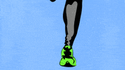 Digital art gif. A pair of legs running with green running shoes, hitting the ground firmly and methodically.