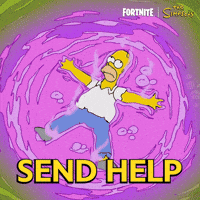 Sponsored gif. Homer Simpson, arms and legs spread wide, disappears slowly into a vat of steaming purple liquid. The Fortnite and Simpsons logos are in the upper right corner. Text reads: "Send Help" 