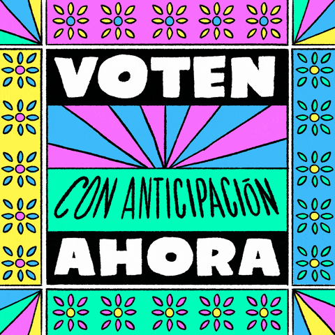 Digital art gif. Colorful sunrise framed by ornate Mexican folk art with daisies and revolving rays, a hand with a filled ballot rising from the a hole in the ground in harmony with the sun. Text, "Voten ahora con anticipación."