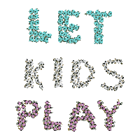 Digital art gif. As seen from above, three cartoon teams of squirming soccer players, in blue, white and pink jerseys, gather in groups to spell out "let kids play" in capital letters.