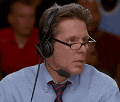Movie gif. Gary Cole as Cotton McKnight from Dodgeball wears an announcer headset and glasses that rest at the very bottom of the bridge of his nose. He stares in shock, as if he’s seeing something that’s never been done before. He says, “Oh my sweet jesus.” and slowly takes his glasses off to get a better look. 